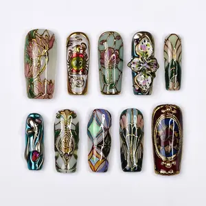 Alice WonderNails - Vitrella Stained Glass Press-On Nails – 3D Gold Details, Floral Accents & Jewel Tones, Handmade for Art and Vintage Lovers - AW40