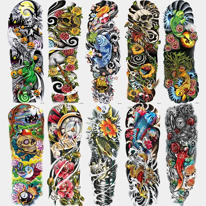 10-Piece Halloween Temporary Tattoo Set, Skull & Koi Fish Designs, Waterproof Body Art Stickers for Men Women Parties Daily Use, Arm Temporary Tattoos, Ephemeral Tattoos, Fake Tattoos
