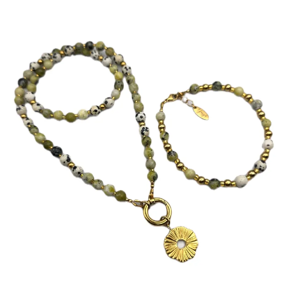 Green Jasper & Dalmatian Jasper Sunburst Set — 18K Gold Finish