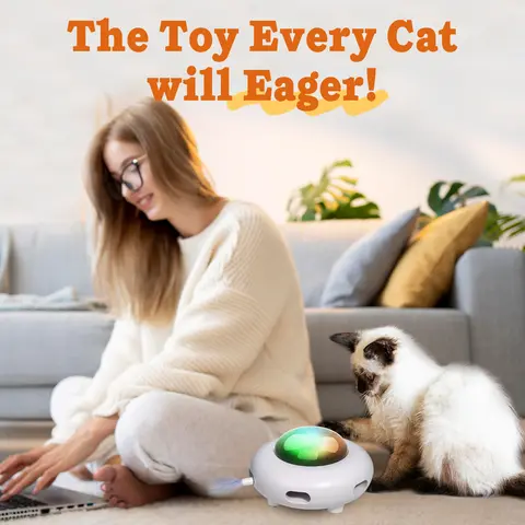 USB-Charging Automatic Interactive UFO Cat Toy for Indoor Kittens - 1.01 lbs, 6 Feathers, Concealed Moving Design, Feather Release, LED Lights, Auto Play, Prey-Mimicking Movement, 3x More Durable, Includes Refill, Hair-Clean Ring, Christmas/Birthday Gift