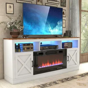 【2Packages Shipping】Farmhouse Fireplace TV Stand for 70/75/80/95 Inch TV, 71”/83" Entertainment Center with 36”/50”Electric Fireplace, Media Console Cabinet with Barn Door & LED Light for Living Room, White/Grey/Brown/Rustic Brown/Black/Dark Rustic Oak