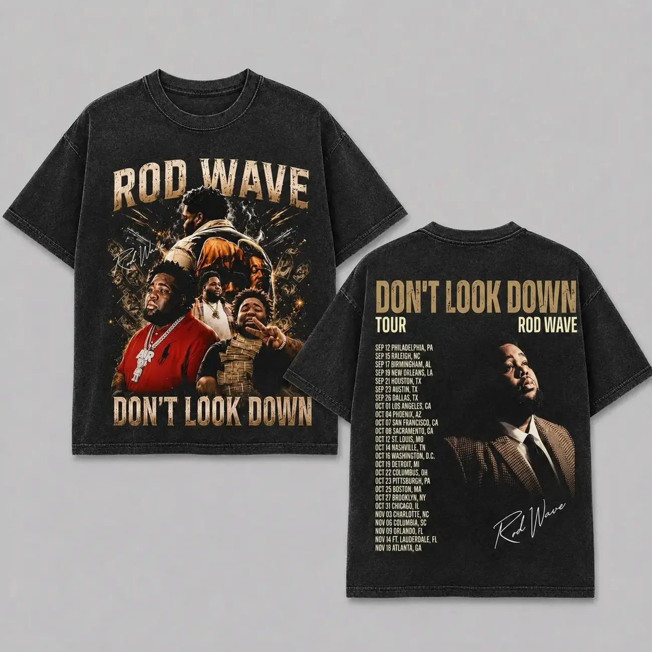 Rod Wave Don't Look Down Tour 2026 Premium Washed Tee, Double Sided Concert Merch Graphic Washed Hoodie, Vintage Bootleg Hip Hop Rap Streetwear Shirt, Music Tour Fan Gift 900