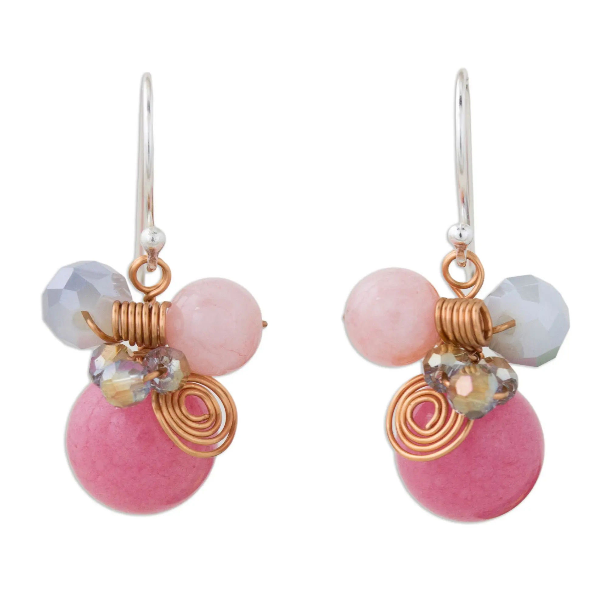 Novica Artisan Handmade Quartz Dangle Earrings Pink Glass Bead With Copper Sterling Silver Thailand Birthstone [1.1 In L X 0.5 In W] ' Pink Bubbles'