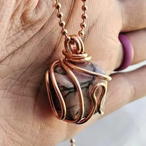 2.4mm Ball Chain Rhodochrosite Crystal Pendant Necklaces 24 Inches, Thick 14 Gauge Copper Wire Wrapped Jewelry, - Balancing - Energizing - Soothing - Grounding [Made-to-Order]