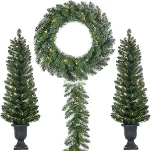 Pre-Lit Vancouver Pine 4-pc Christmas Floral Set with 2 Potted Trees 24-in Wreath & 108L x 10W Garland Warm White Lights