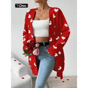 Women's Heart Print Drop Shoulder Cardigan, Casual Chic Elegant Open Front Long Sleeve Knitwear for Fall & Winter, Valentine's Day Gift, Fashion Ladies' Knit Womenswear for Daily WearGift