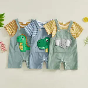 Baby Summer Outfit Casual Loose Fit Striped Crew Neck Short Sleeve Tops and Patch Embroidered Overalls 2pcs Set, Perfect for Outdoor