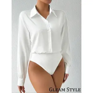 Women's Solid Color Button Bodysuit, Casual Comfy Long Sleeve Bodysuit for Work Office Business, Ladies Clothes for Spring