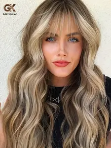 Women's Long Natural Wave Middle Curl Wig with Straight Bangs, Gradual, 26 Inches, Synthetic Material, Heat Resistant, Daily Use, Synthetic Machine Wigs