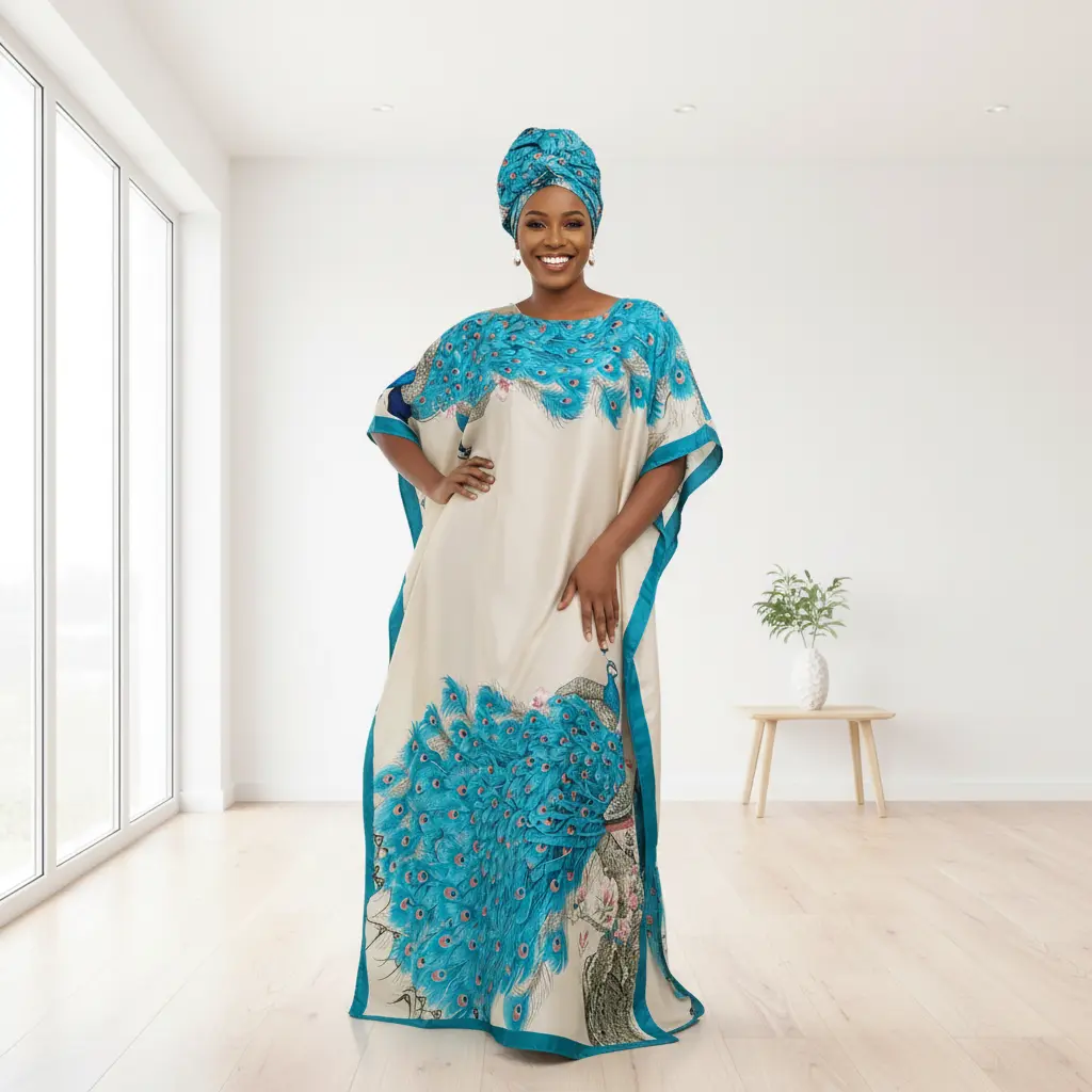 Women's Peacock Print Loose Fit Kaftan Maxi Dress with Hair Wrap