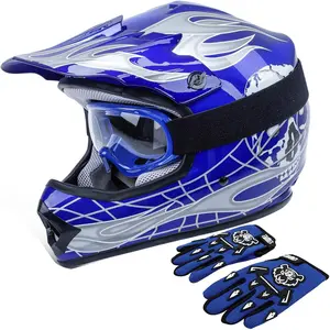 DOT Kids Youth Motocross Helmets ATV Off-Road Dirt Bike Motorcycle Full Face Blue Skull Helmet+Gloves+Goggles Small