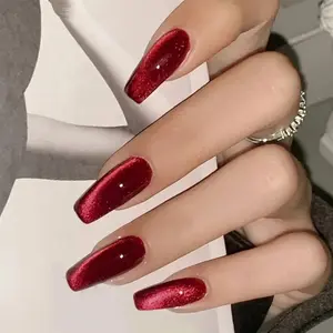 Cat Eye Red Press on Nails Square Medium Long Glue on Nails with Bling Designs Full Cover Pressons Fake Nails Gel Manicure Glitter False Nails for Wedding Acrylic Stick on Nails for Women