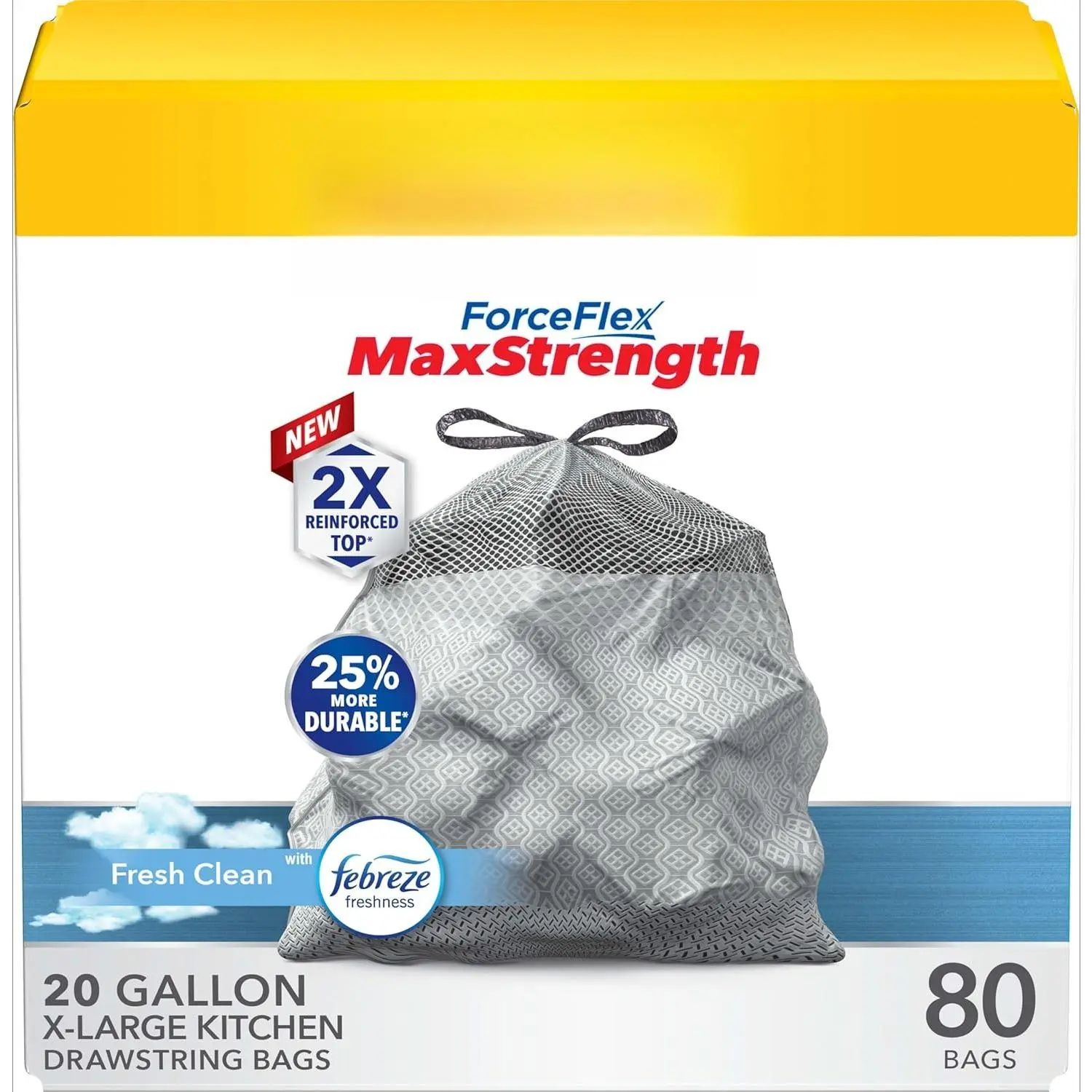 ForceFlex Drawstring Kitchen Trash Bags - 20 Gal, 80 Ct, Durable Polyester, Leak-Proof, Tear-Resistant, Fresh Febreze Scent (Package May Vary)