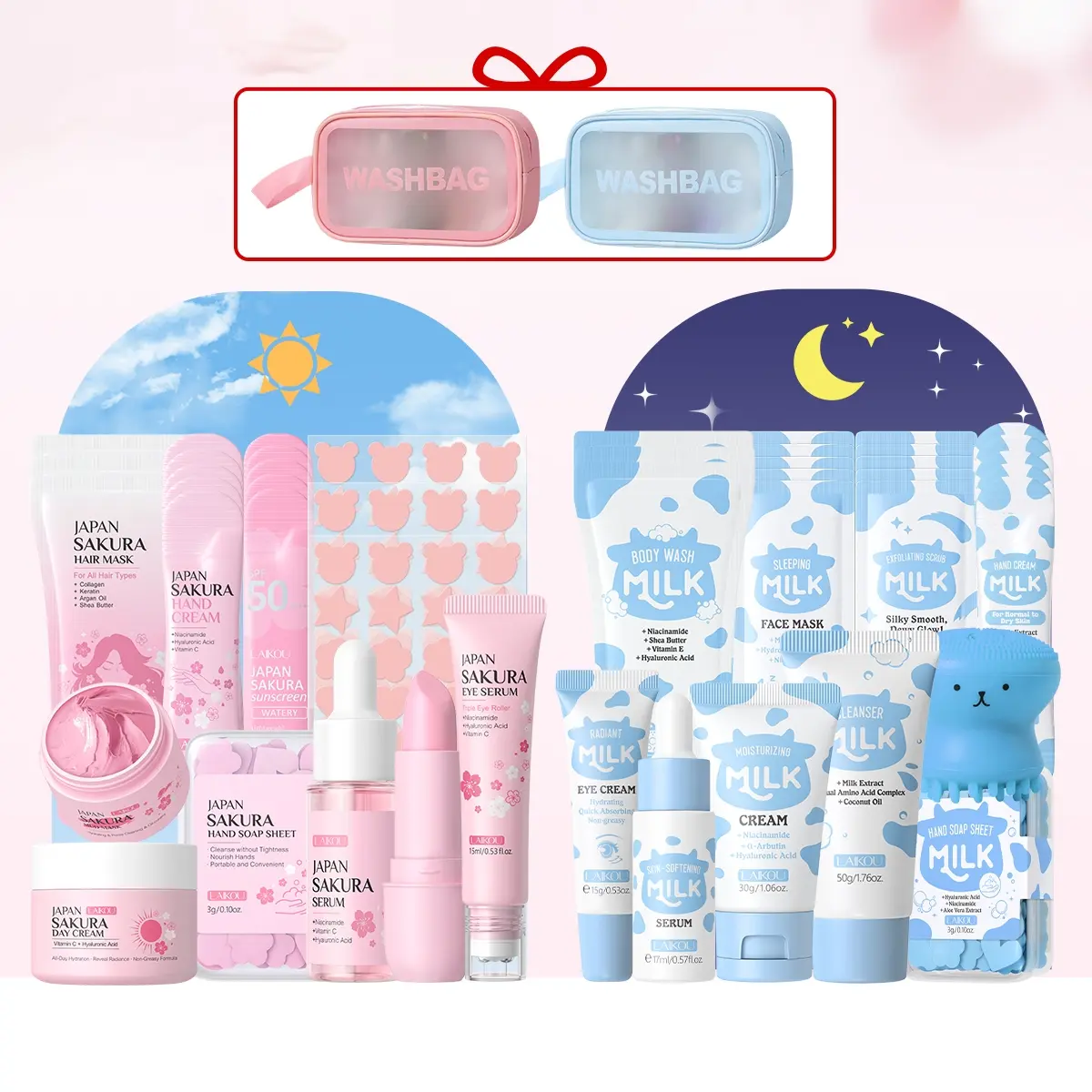 Laikou Skincare Treatment Set, Moisturizing Hydrating Kit, Sakura & Milk Collection, Beauty Set, Eye Cream, Hand Cream, Sunscreen, Lip Balm, Serum, Hair Mask, Soap Bar, Mud Pack