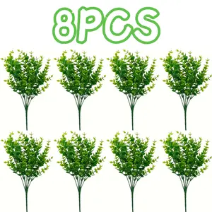 8 Pcs Outdoor Artificial Boxwood UV Resistant Fake Stems Plants Faux Plastic Greenery for Indoor Outside Hanging Plants Garden Porch Window Box Home Wedding Farmhouse Decor fake florals bridal shower gift