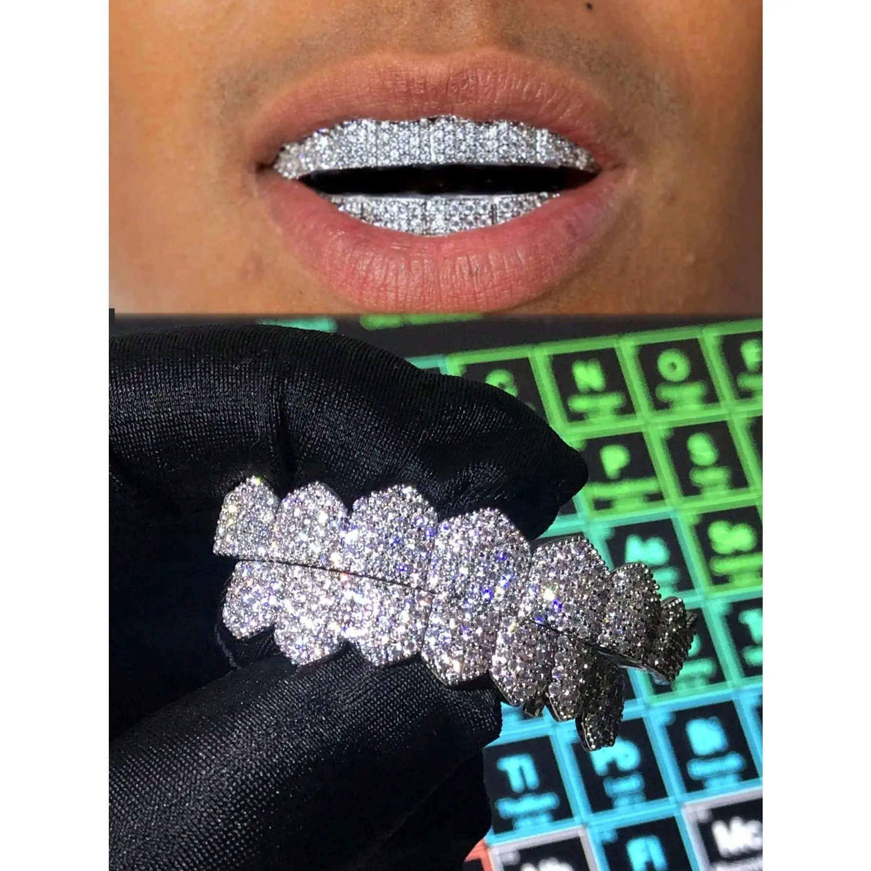 Unisex Hip Hop Grillz Set, 8 Top & 8 Bottom Teeth with Multicolor Cubic Zirconia, Gold Glitter or Silver High-Shine Finish for Parties & Halloween