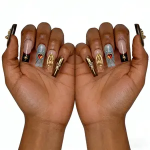 Vintage Religious Baroque Press On Nails Long Coffin Fake Nails with Rhinestone Heart Gold Rose Cross Decor Reusable Artistic Nail Set for Gothic Parties Cosplay Fashion Forward Looks