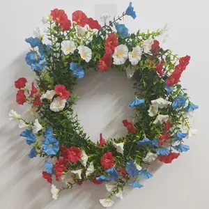 Blue Morning Glory Wreath for 4th of July, Artificial Flower Independence Day Wreath, Patriotic Memorial Day Decoration
