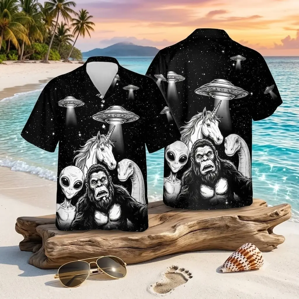 UFO Hawaiian Shirt, Alien Unicorn Design, Sci-Fi Mystery Button Down, Space UFO Collector Gift