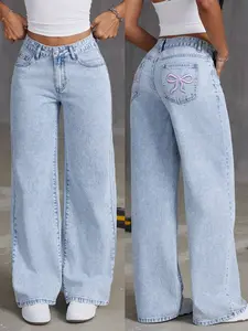 Embroidered Pink Bowknot Washed Denim Y2K Vintage Jeans - Casual Comfortable n' Baggy Everyday Womenswear Bottom Embroidery Bow Pants Feminine Fit