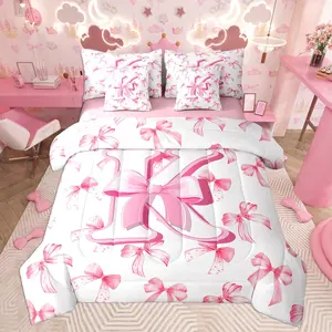 Kids Girls Cute Pink Bow Comforter Set with Sheets Monogrammed 7 Piece Bedding Set Personalized Initial K Bed in a Bag with Comforter,Sheets,Pillowcases Coquette Bow Modern Fashion