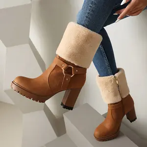 Women's Chunky Platform High Heel Winter Boots with Faux Fur Lining & Collar Cover-like Upper Round Toe Zipper Closure Thick Rubber Sole Warm Ankle Booties for Snow Hand Washable Footwear Walking Shoes