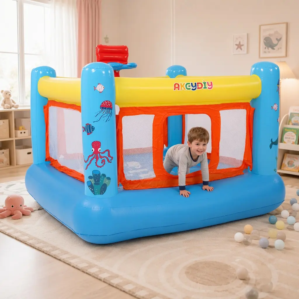 Yuego Kids Inflatable Bounce House for Little Kids  3-5, Heavy-Duty Durable PVC Trampoline with Extra Large Jumping Area, Basketball Hoop and Game Map, Suitable for Indoor & Outdoor Daily Play, Lovely Toy Gift