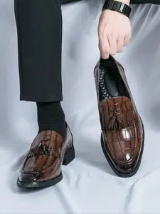 Men's Elegant Plaid Pattern Slip on Formal Dress Shoes, Fashionable Pointed Toe Loafers for Work Office, Male All-match Commuter Shoes for Daily Wear