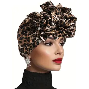 Rhinestone Leopard Large Floral Turban, Printing Party Headscarf Hats, Chiffon Hair Cap