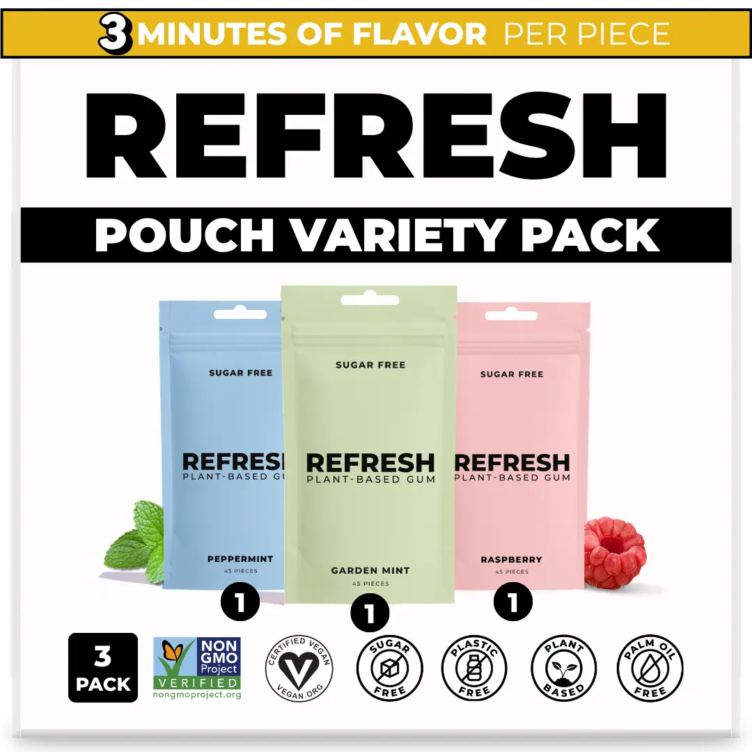 Refresh Gum Best Selling Bundle, Xylitol – Sugar Free Chewing Gum Pouch, Natural Flavor & Organic Ingredients – Long Lasting, Plant-Based, Non-GMO – 3 pack of 45 Pieces Coconut
