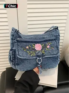 Large capacity countryside style multi pocket rose embroidered denim crossbody bag, Casual crossbody bags, with adjustable shoulder straps and multi zone zippered pockets, holds mobile phones, lipstick, and personal items, versatile, suitable for dates