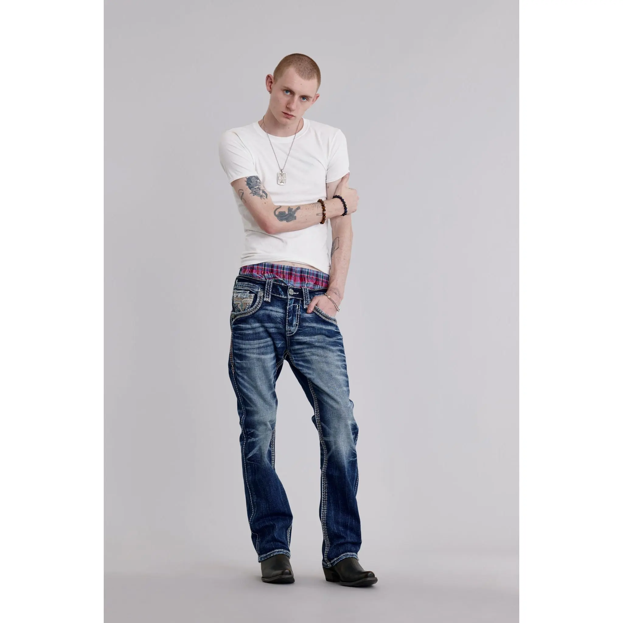 rr Men's Casual Zaid Bootcut Stretch Denim Jeans - Signature Fleur-de-Lis Embroidery, Leather Accents, Pewter Metal Details, Patch Adds Identity, Menswear Bottoms