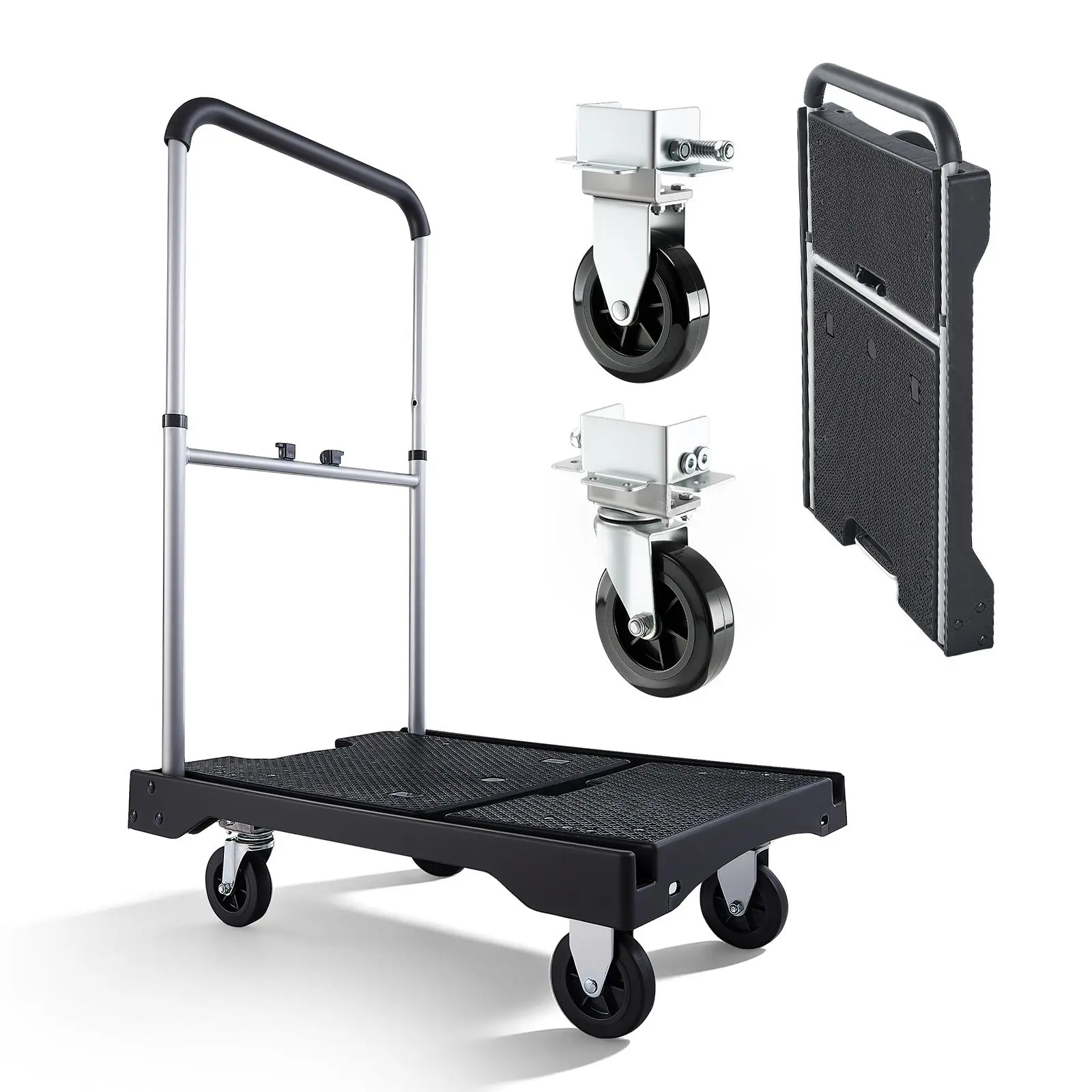 VEVOR Foldable Push Cart Dolly, 330 lbs Capacity, Folding Platform Truck with Swivel Wheels, Moving Platform Hand Truck Flatbed Cart, Adjustable Push Handle, for Easy Storage, 26.8 x 19.5 x 4.5 in#BackToSchool