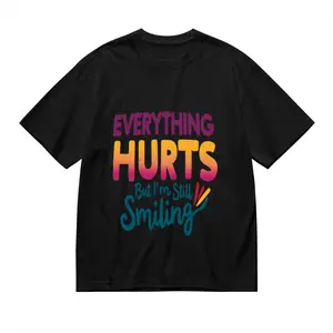 Women's Plus Size Funny Fibromyalgia Awareness T-Shirt - "Everything Hurts But I'm Still Smiling" Slogan, White Short Sleeve Round Neck Casual Top with Multicolor Text & joyful Face, Machine Washable
