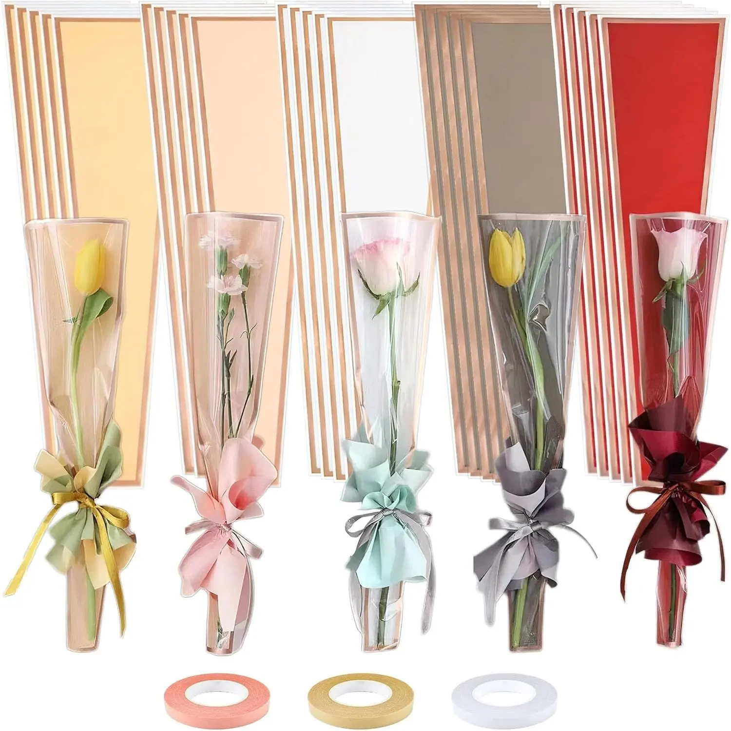 150 count Mother's Day Single Flower Sleeves Wrapping Bags Single Rose Packaging Flower Bouquet Wrapping Bags 5 Colors for Floral Arrangement  Wedding Valentine's Day