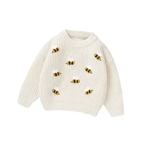 Mimixiong Knitted Bee Pattern Design Embroidery Newborn Sweaters Long Sleeve Cozy Knitted Design For Kids Clothing