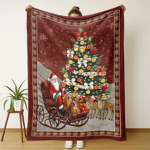 Cozy Santa Sleigh Theme Flannel Blanket, Perfect for Home & Outdoor Use, Ideal for Picnics & Travel, Soft Warm Comfortable