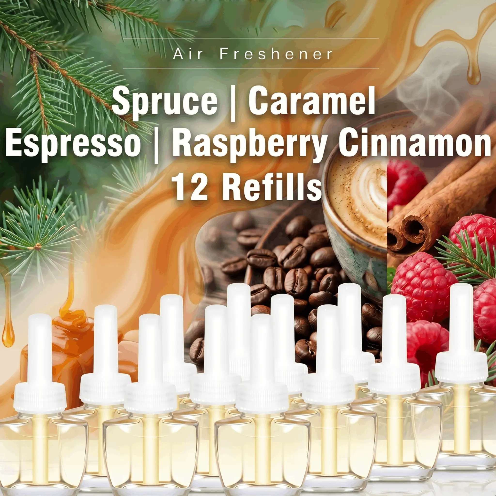 12-Pack Plug-In Air Freshener Refill Set, 6.0-7.9 fl. oz. Long-Lasting Indoor Scented Liquid - Spruce, Caramel, Espresso, Raspberry Cinnamon - Compatible with Air Wick, Glade Diffusers,  Fragrance Set Home Fragrances scent Aroma Oil Refill Forest Alpine