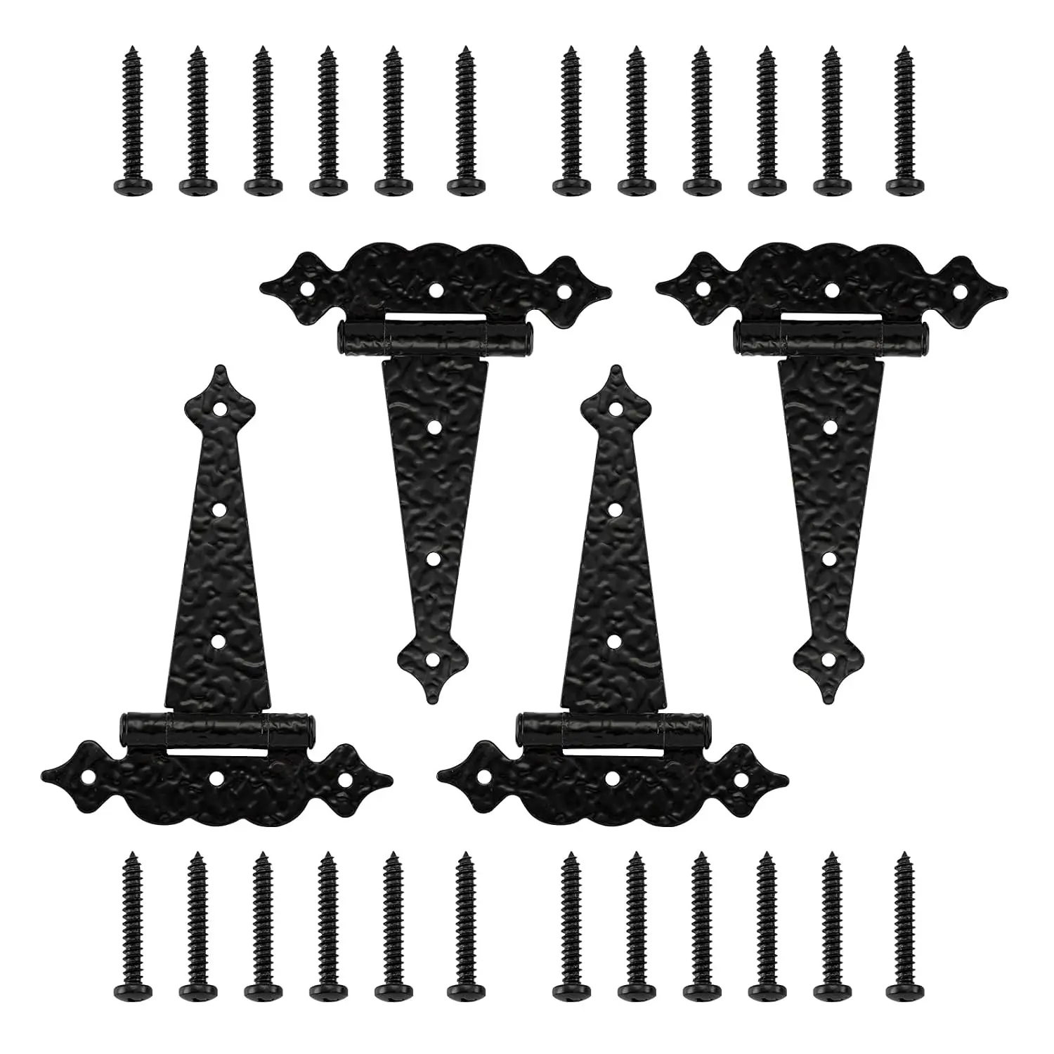 T Strap Gate Hinges Heavy Duty, Decorative Hammered T Hinges, Outdoor Hinges for Wood, 6 Inch Tee Hinges for Wooden Fences, Shed Door Barn Door, Black, 4 Pack