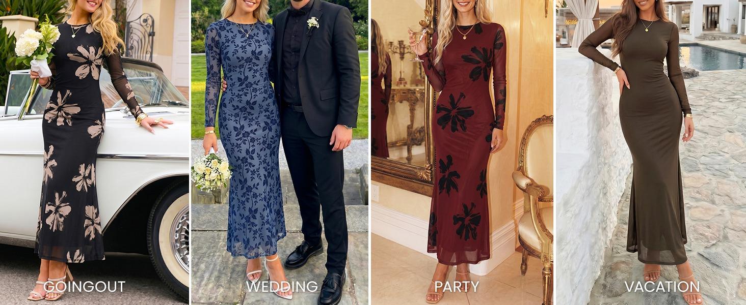 ZESICA Womens Fall Long Sleeve Wedding Guest Maxi Dresses | Slim Fit Bodycon, Soft Lightweight Mesh Fabric, Lined, 2026 Elegant Trendy Floral, Sexy Formal, Cocktail Party Vacation Dress