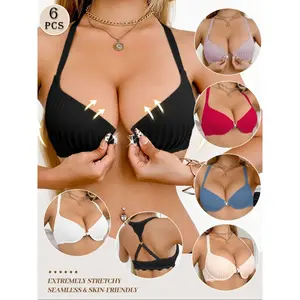 6 PCS Front-Closure Push-Up Seamless Padded Bra Set | T-Shaped Lace Backless Straps, Ultra Sexy & Supportive, Seamless Skin-Friendly Fabric. Multi-Colors, Perfect for Daily & Party, A Must-Have for Confident Women!