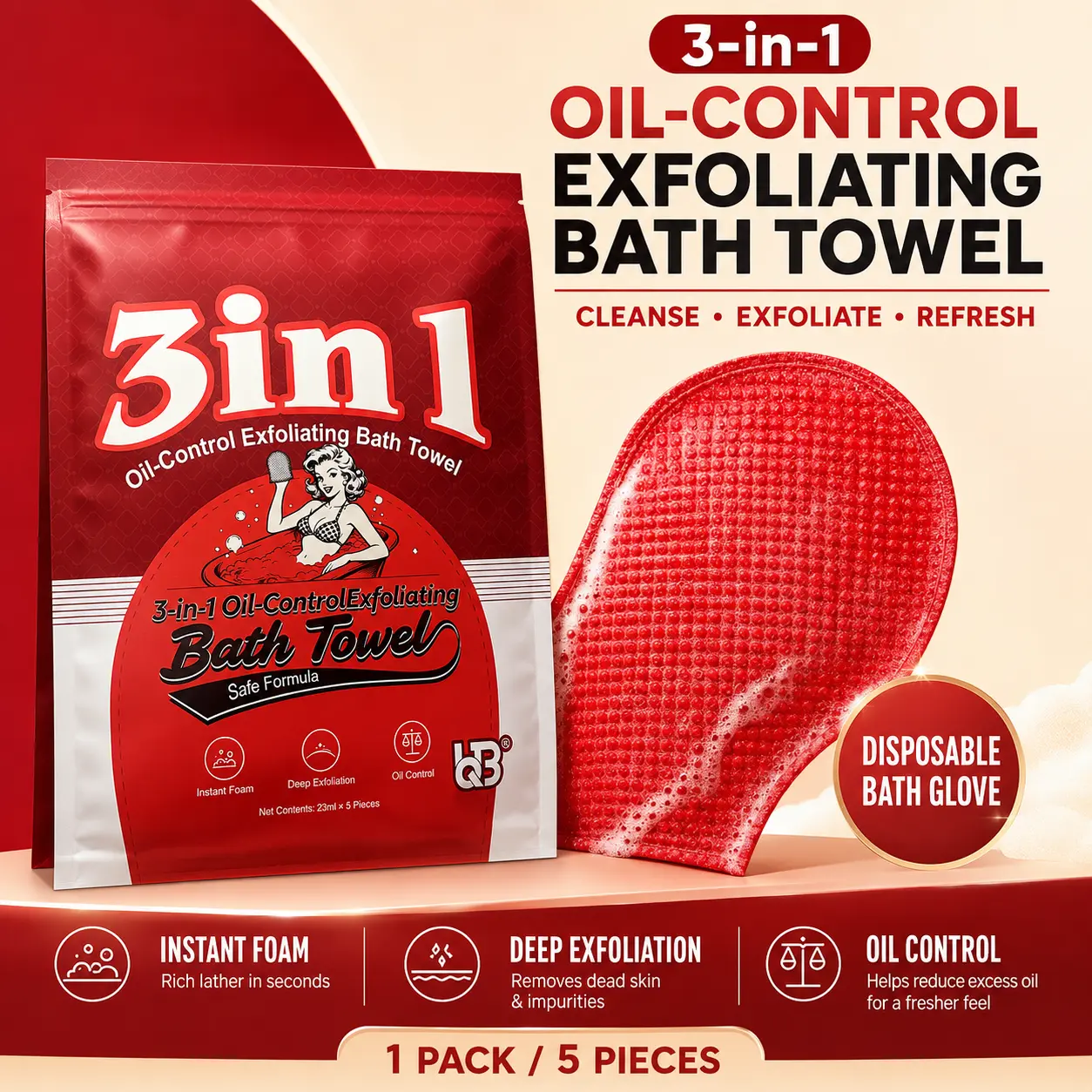 3 in 1 Oil-Contrlol Exfoliating Bath Towel,clean skin,5pcs