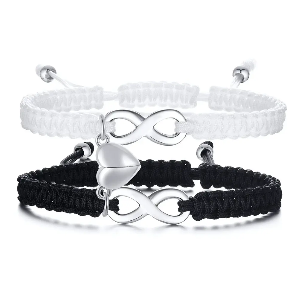 New heart-shaped magnetic couple bracelet, simple and versatile black and white wrist rope, stainless steel cross bracelet.R2190