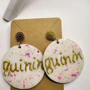 Wood Earrings with "quincin" Text and Confetti Design - Wood Jewelry Piece