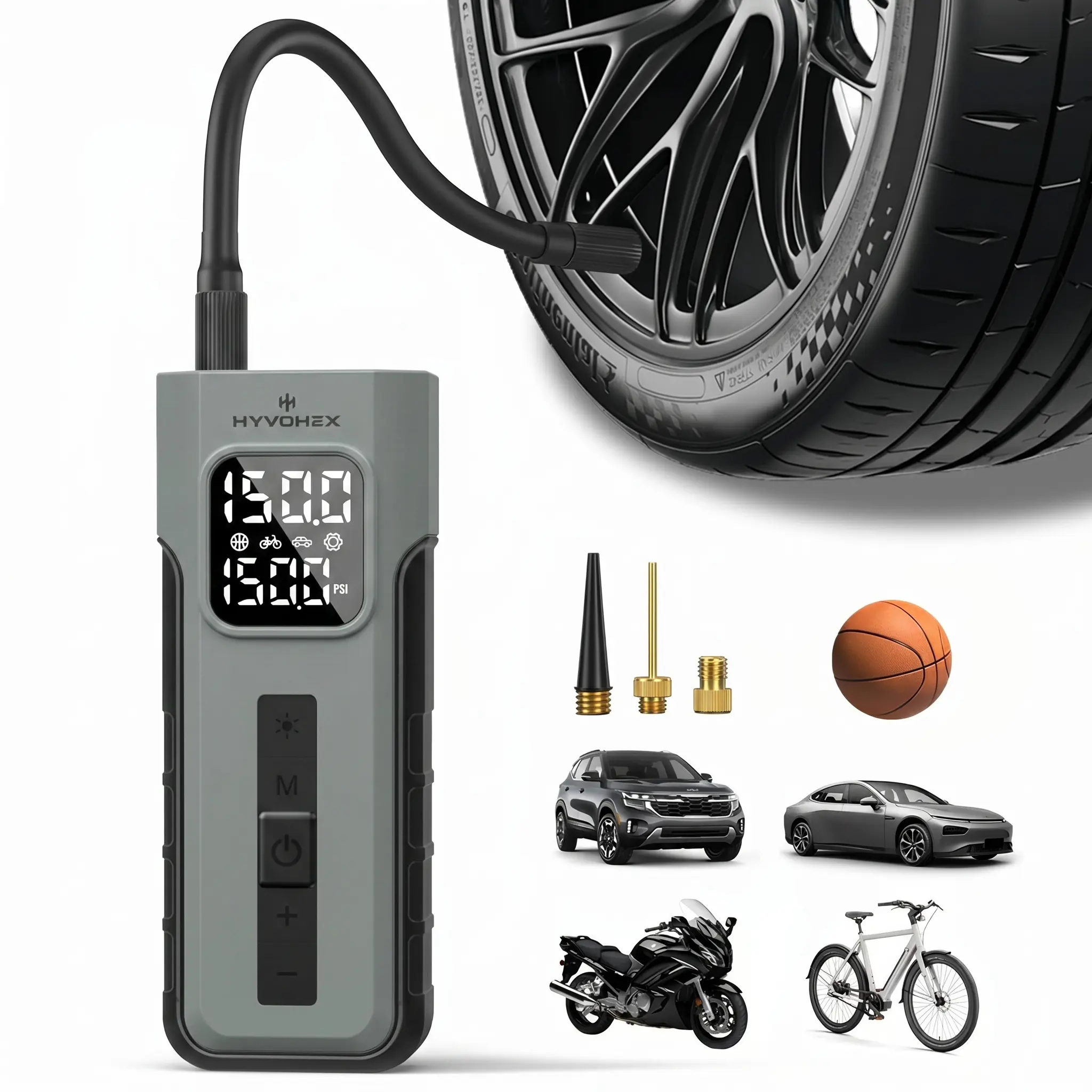 Portable Tire Inflator, HYVOHEX C2 Cordless Air Pump with Auto Shutoff, Digital Pressure Gauge & LED Light for Car Tires, Bikes, Motorcycles & Balls Automotive Maintenance Tools,summerwins summerwins