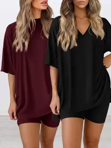 Women's 2-Piece Minimalist Basic Casual Pajama Set - Round or V Neck Short Sleeve T-Shirt & Pockets Biker Shorts, Soft Stretch Plus Size Clothes for Summer Nightwear, Loungewear