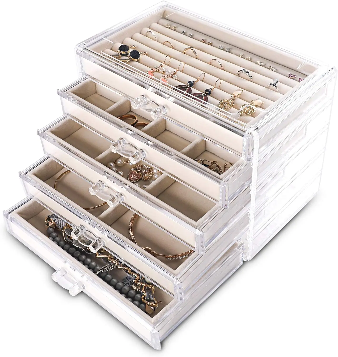 Extra Large Acrylic Jewelry Box for Women Girls 5 Layers Clear Velvet Earring Organizer with 5 Drawers Rings Display Case Necklaces Holder Tray