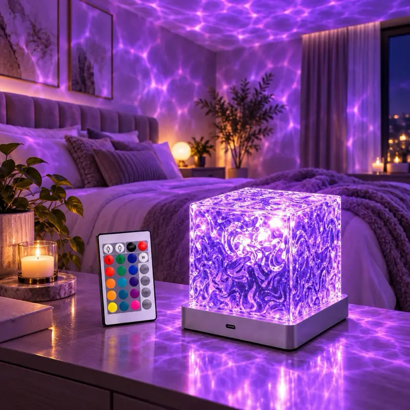 Rechargeable Night Light No Wiring, 16 Color Changeable Ocean Wave Projector Light, Dimmable Desk Lamp with Remote, Rotating Flame Water Ripple Lamp for Living Room Table Lamp Bedroom Decor Christmas and Halloween Gifts