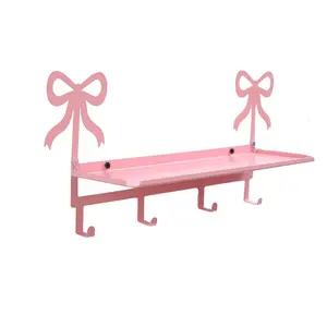 Metal Wall Shelf with Bow Design, Pink, Easy Installation, Space-Saving Multi-Functional Decor, Ideal for Girl Room, Closet, Living Room, Bathroom, Bedroom, Dormitory Organization