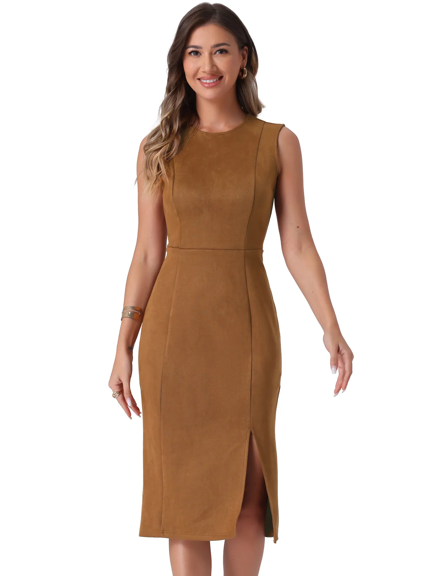 INSPIRE CHIC Faux Suede Dresses Women's Sleeveless Crewneck Split Hem Work Office Sheath Dress
